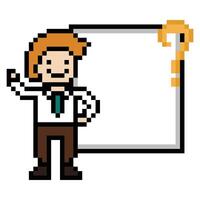 8 bit design pixel concept of man male or boy happy smile question mark confuse wonder don't know question cartoon. vector