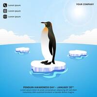 Penguin Awareness Day banner with a penguin standing on melted ice vector