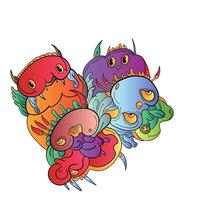 Colorful Doodle Art Design.Hand draw Monster, skull, eyes, smile . coloring page. can be use for background, web, sticker and poster vector