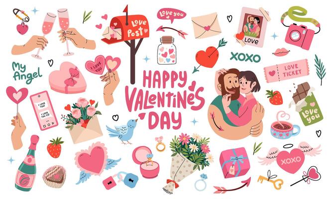 Cute set of romantic elements for Valentines day. Couple in love hugs. Holiday gifts, bouquet of flowers, box of chocolates, champagne. Box with diamond ring, envelope with letter. illustration