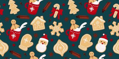 Christmas pattern. Gingerbread cookies and spices. New Year festive seamless background. vector