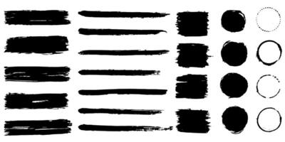Black brush strokes. Set of text boxes on isolated background.Grunge texture. Hand drawn circles, rectangles, squares and stripes. vector
