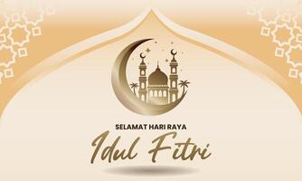 Selamat Hari Raya Idul Fitri greeting card template design. Islamic background with beautiful Ornaments of moon, mosque. vector