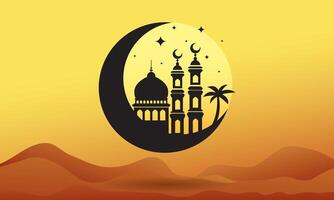 Islamic greeting card background with beautiful Ornaments of moon, mosque. vector
