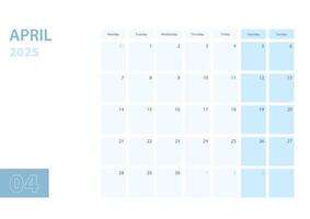 Calendar template for the April 2025, the week starts on Monday. The calendar is in a blue color scheme. vector