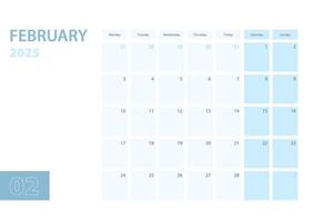 Calendar template for the February 2025, the week starts on Monday. The calendar is in a blue color scheme. vector