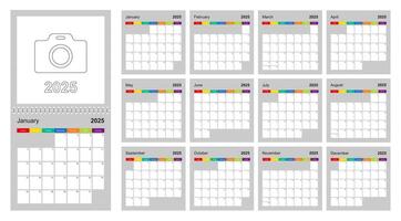 Calendar 2025 colorful design, set of 12 wall planner calendar pages on gray background. Week starts on Sunday. vector