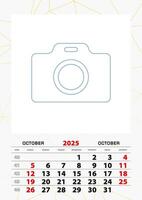 Wall calendar planner template for October 2025, week starts on sunday. vector