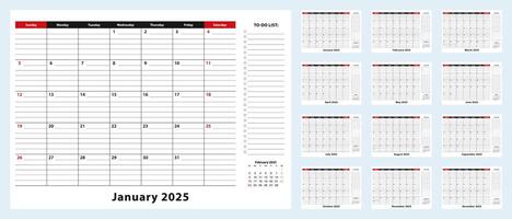 Monthly Desk Pad Calendar, January 2025 - December 2025. Calendar planner with to-do list and place for notes. vector
