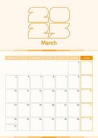 Modern vertical calendar sheet for March 2025, planner in English. vector