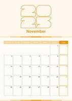 Modern vertical calendar sheet for November 2025, planner in English. vector