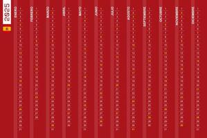 One-row vertical calendar for the year 2025 in Spanish. Spanish calendar for 2025 with highlighted Sundays. vector