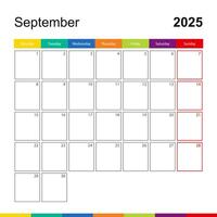 September 2025 colorful wall calendar, week starts on Monday. vector