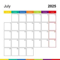 July 2025 colorful wall calendar, week starts on Monday. vector