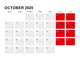 2025 October planner calendar design. Week starts from Monday. vector