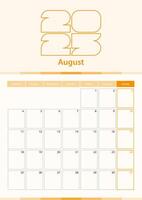 Modern vertical calendar sheet for August 2025, planner in English. vector