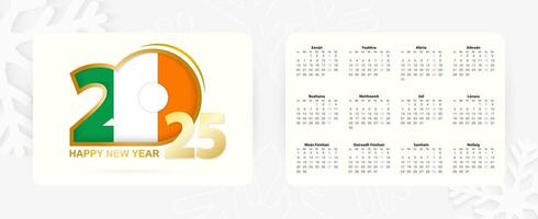 Horizontal Pocket Calendar 2025 in Irish language. New Year 2025 icon with flag of Ireland. vector