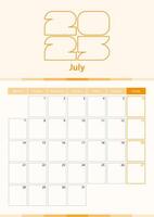 Modern vertical calendar sheet for July 2025, planner in English. vector