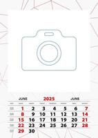 Wall calendar planner template for June 2025, week starts on sunday. vector