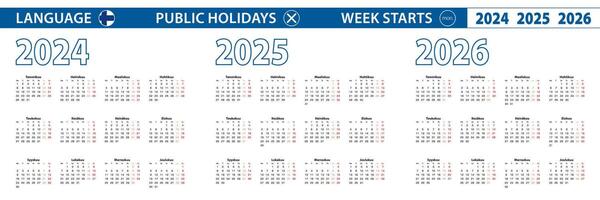Simple calendar template in Finnish for 2024, 2025, 2026 years. Week starts from Monday. vector