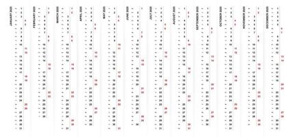 2025 vertical calendar design, Saturday and Sunday selected in different color and row. vector