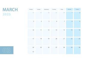 Calendar template for the March 2025, the week starts on Monday. The calendar is in a blue color scheme. vector