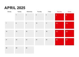 2025 April planner calendar design. Week starts from Monday. vector