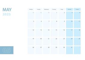 Calendar template for the May 2025, the week starts on Monday. The calendar is in a blue color scheme. vector