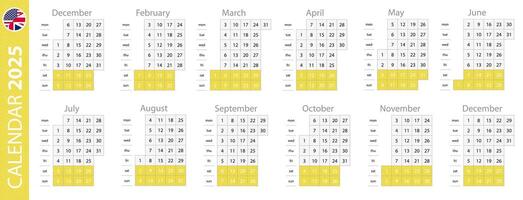 Calendar template for 2025 year, vertical grid design. vector