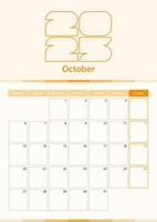 Modern vertical calendar sheet for October 2025, planner in English. vector