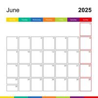 June 2025 colorful wall calendar, week starts on Monday. vector