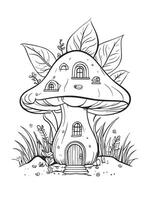 A doodle house is in the form of a mushroom with windows and a door. Surrounded by flowers. Coloring book for girls and boys fairytale mushroom house vector