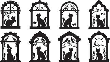 black and white silhouette images of windows with cats vector