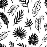 Black leaf seamless pattern background. Hand drawn crayon abstract texture tropical tree leaf seamless pattern. Black, white texture leaves floral print. vector
