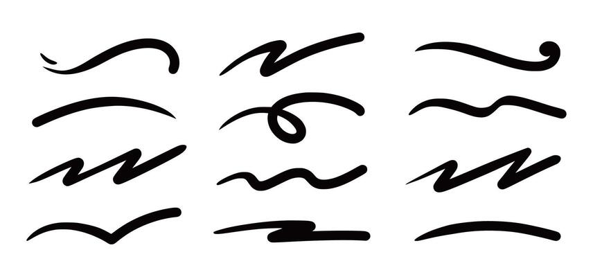 Squiggle brush scribble underline. Marker pen emphasis highlight swoosh stroke. swoosh brush underline set for accent, marker emphasis squiggle element.