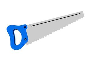 Hand drawn cute cartoon illustration of hand saw instrument. Flat sharp repair tool with blade in doodle style. Support service icon. Settings or fix problem sticker. Find solution. Isolated. vector