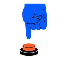 Hand drawn cute cartoon illustration hand pressing emergency warning red button. Danger alarm pressbutton. Flat problem caution sign doodle. Stop signal. Launch or start. Isolated. vector