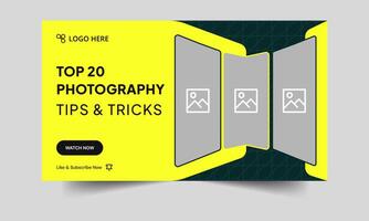 Editable photography tips and tricks thumbnail banner design, daily camera photo shoot techniques cover banner design, customizable eps 10 file format vector