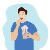 Young guy eating popcorn with eyes closed in pleasure, faceless illustration, flat style, isolate on white vector