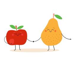 Apple and pear holding hands together. Cheerful funny fruits as a couple. vector