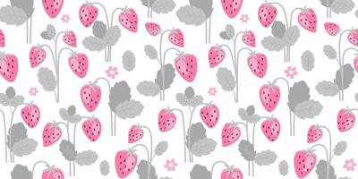 Seamless pattern with strawberry plant with leaves, flowers. Abstract summer print with berries. vector