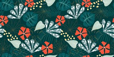 Seamless pattern with tropical exotic print. Abstract monstera leaves, palm trees, flowers print. vector
