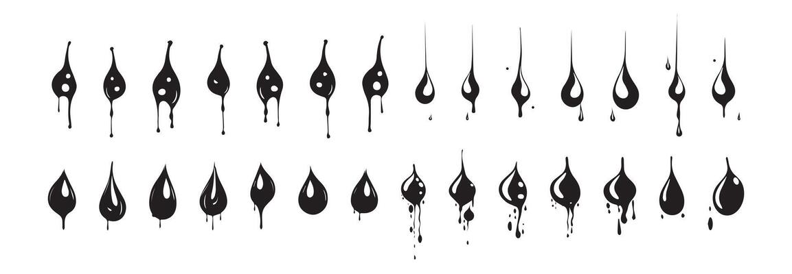 Set of black dripping shapes in various forms, isolated on a white background. Concept of fluid dynamics, ink drops, smudges, minimalism, and abstract design