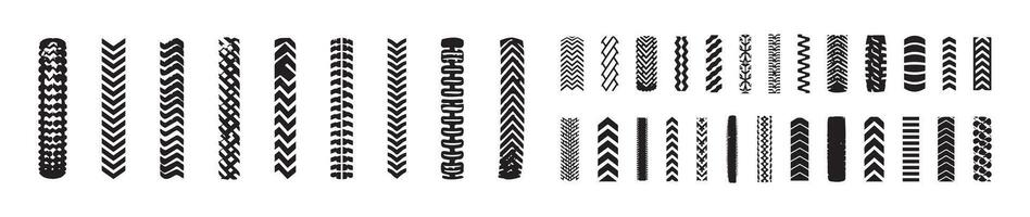 Big Set of Black tire tracks isolated on a white background. Concept of vehicle tires, tracks pattern, car tire prints, tread marks. Design, illustration, automotive elements vector