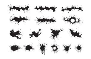 Collection of Black Ink Splashes and Splatters Isolated on White Background. Concept of artistic design elements, grunge texture, creative illustrations, abstract shapes vector
