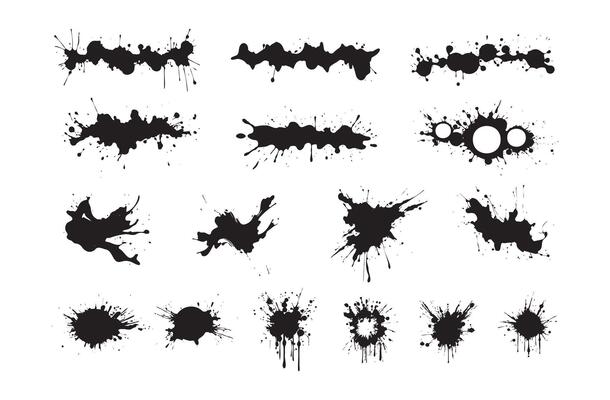Collection of Black Ink Splashes and Splatters Isolated on White Background. Concept of artistic design elements, grunge texture, creative illustrations, abstract shapes