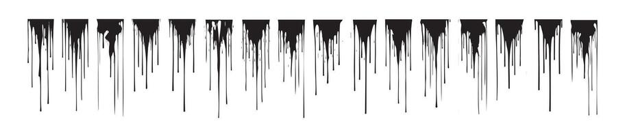 Set of black dripping paint isolated on a white background. Concept of grunge design, abstract splashes, ink drips, creative art elements. Print, pattern, visual effect vector