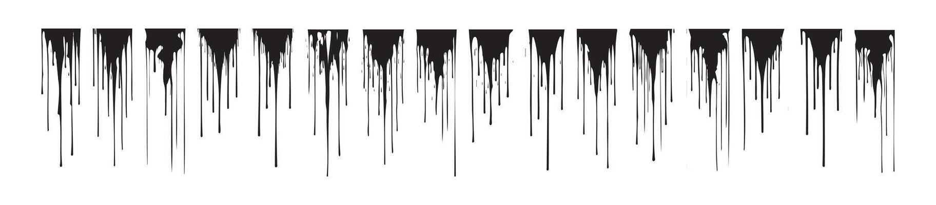 Set of black dripping paint isolated on a white background. Concept of grunge design, abstract splashes, ink drips, creative art elements. Print, pattern, visual effect