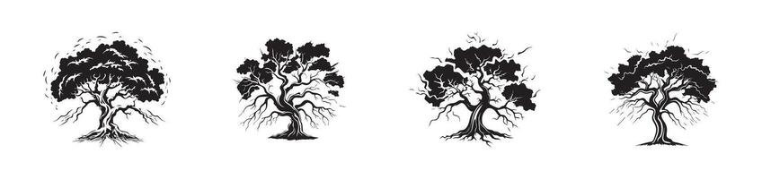 Set of four black silhouette trees with intricate roots and branches isolated on a white background. Concept of nature, growth, tree symbolism, and minimalist design vector