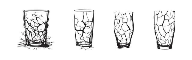 Black and white illustration of broken glass cups isolated on a white background. Concept of shattered objects, damage effect, cracked glassware, fragility. Print, icon, design element, texture vector